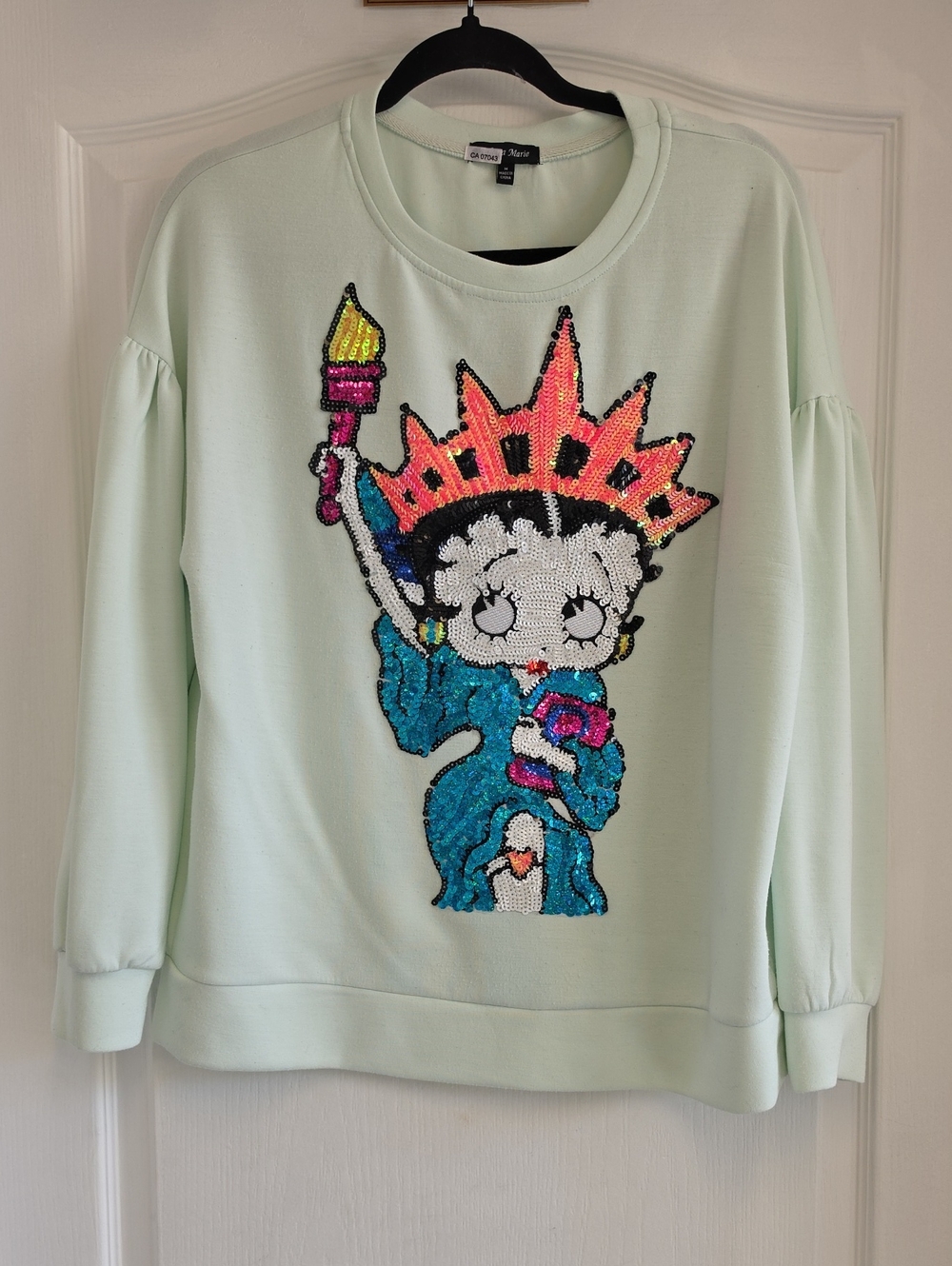 George Mint Green Betty Boop Sequin Statue of Liberty Pullover